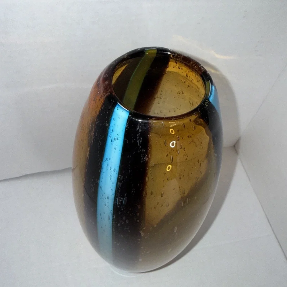 Pier One Art Glass Hand Blown Glass Amber Blue Stripe Bubble Vase 13